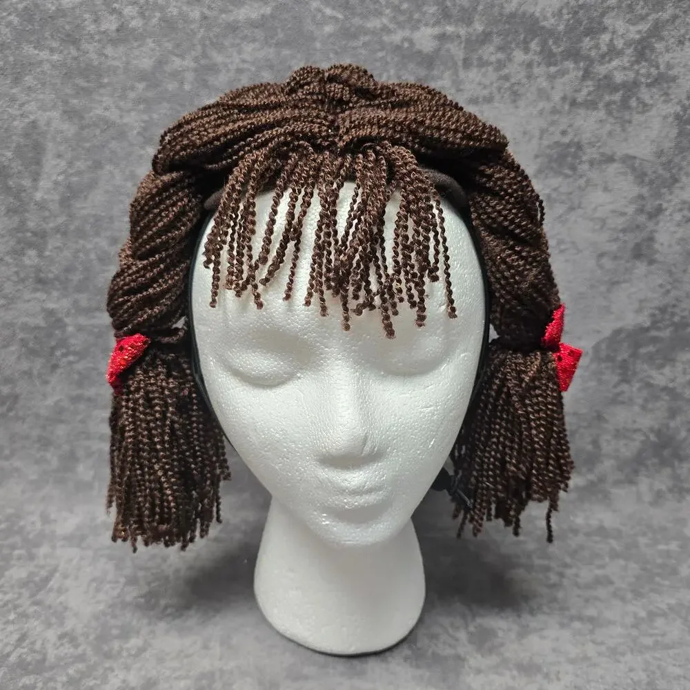 Brown Yarn Braided Hair In Pigtails with Red Bow Adjustable Strap Costume Wig